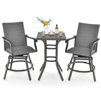 Costway 3PCS Patio Rattan Bar Table Stools Set Aluminum 360° Swivel Chairs with Padded Seat