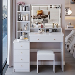 40.2" Vanity Table with Touch Tri-Color Sliding LED Mirror,Cushioned Stool and Storage Drawers for Bedroom–The Pop Home - 1 of 4