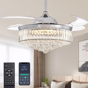 Ludomide 42" Modern Dimmable Fandelier, Crystal Retractable Ceiling Fan with Light & Remote, Invisible LED Chandelier for Bedroom - Polished Chrome - 1 of 4