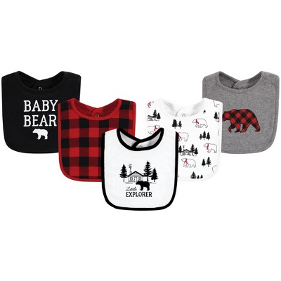 Image of Hudson Baby Infant Boy Cotton Bibs, Buffalo Plaid Bear, One Size