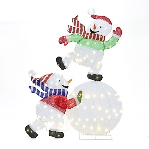 LuxenHome Snowman and Snowman on Ornament Outdoor Holiday Decoration Set with Lights White, Green, Red, Blue, Black - 1 of 4