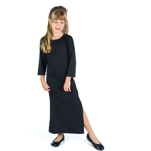 24seven Comfort Apparel Girls Long Sleeve Side Slit Maxi Dress Solid  Color-Black-M