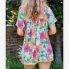 Amaryllis Women’s Floral Print V-Neck Short Sleeve Top Loose Fit Gathered Front Flowy Casual Summer Blouse - 3 of 4
