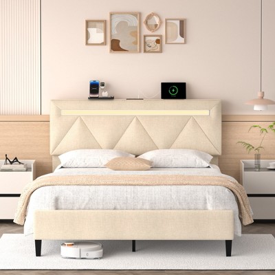 PDTEND Upholstered Bed Frame with Headboard & Charging Station, Wooden Slats, Noise-Free, No Box Spring, Easy Assembly