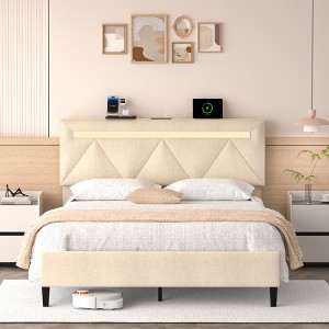 PDTEND Upholstered Bed Frame with Headboard & Charging Station, Wooden Slats, Noise-Free, No Box Spring, Easy Assembly - 1 of 4