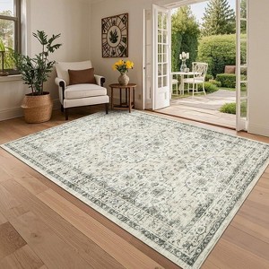 Washable Floral Runner Rug - Ultra-Soft Vintage Print Stain-Resistant Carpet Easy-Clean Distressed Floor Mat for Hallway Laundry Room Bedroom - 1 of 4