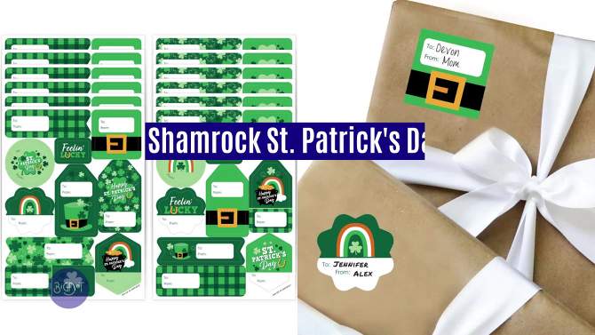 Big Dot of Happiness Shamrock St. Patrick's Day - Assorted Saint Paddy’s Party Gift Tag Labels - To and From Stickers - 12 Sheets - 120 Stickers, 2 of 10, play video
