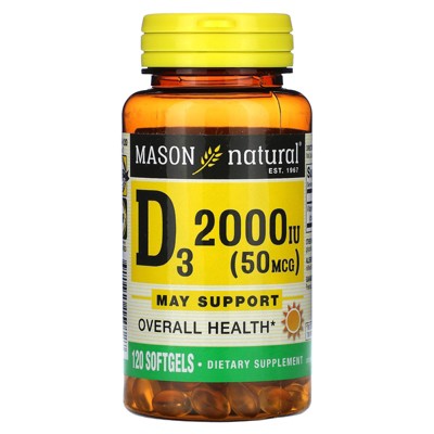 MASON NATURAL Vitamin D3, 2000 IU, Softgels, 120 ea