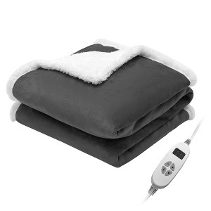 Costway 50'' x 60''Electric Heated Blanket Throw Reversible Flannel & Faux Shearling Blanket Red/Blue/Grey - 1 of 4