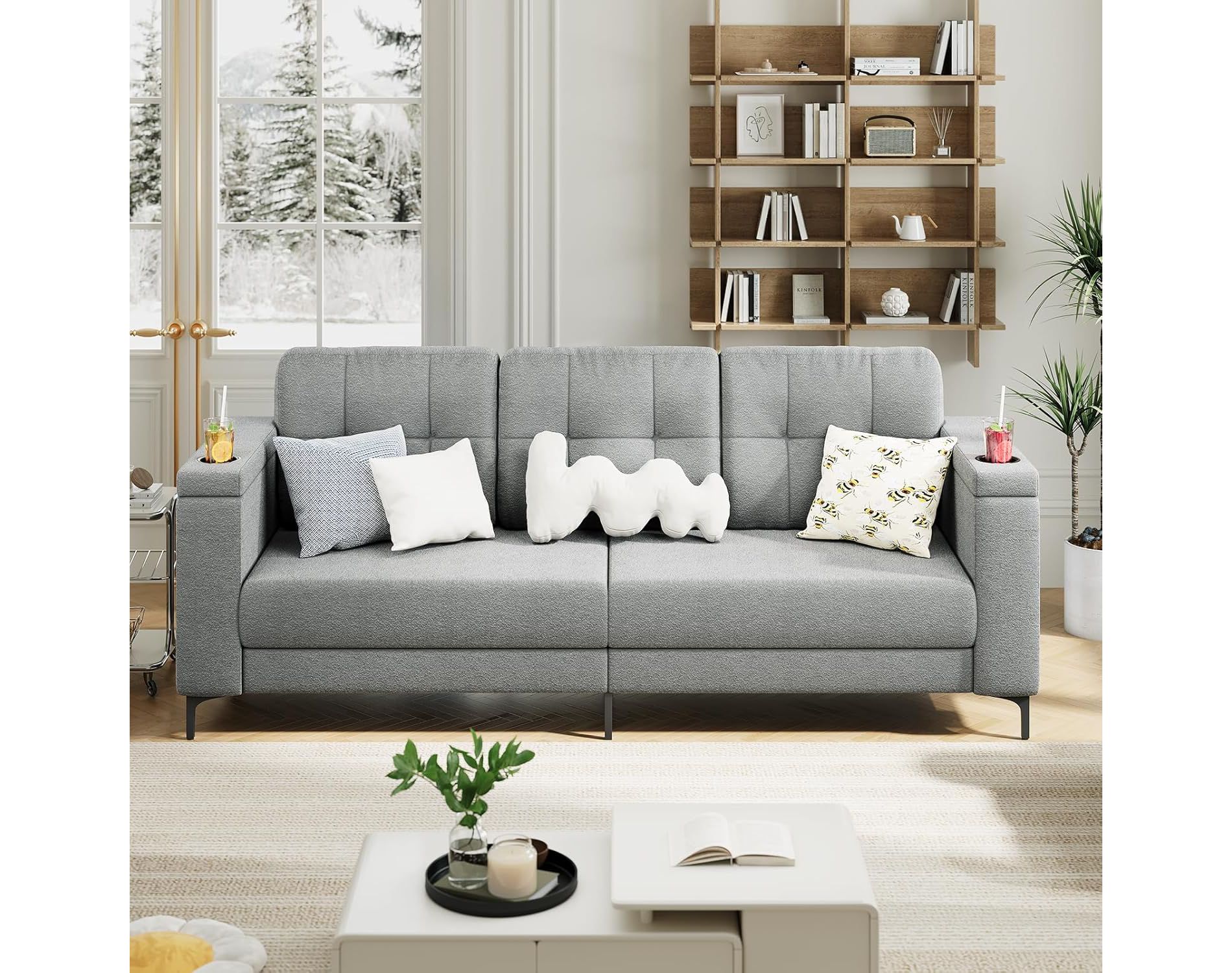 83'' Couches for Living Room, Small Sofa with Convenient Side Pockets, Comfy Teddy Couch with Cup Holders and Storage Armrests