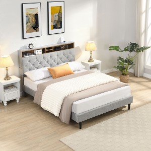 NicBex Queen/King Bed Frame,Upholstered Platform Bed Frame with Button-Tufted Linen Headboard,USB Ports,2 Side Pockets,Bedframe No Box Spring Needed - 1 of 4