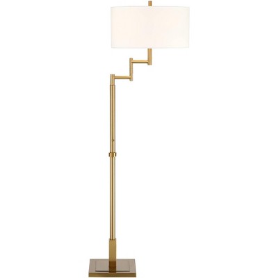 Possini Euro Design Artisan Swing Arm Floor Lamp Warm Antique Brass Linen Drum Shade for Living Room Reading Bedroom Office