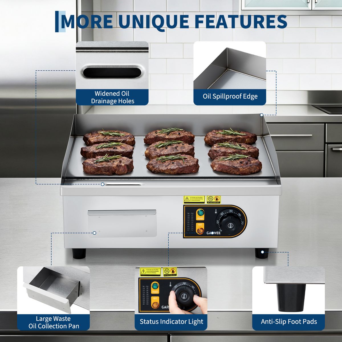 Electric Griddle, 1700W Countertop Flat Top Grill, Stainless Steel, 122°F-572°F Adjustable Temp, Includes 2 Shovels & 2 Brushes - thumbnail 4