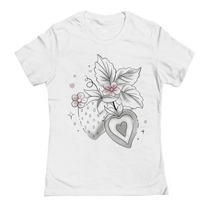 Rerun Island Women's Strawberries Gradient Outline Slice Short Sleeve Graphic Cotton T-Shirt - White S - 1 of 4