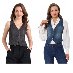 INSPIRE CHIC Women's Denim Sleeveless V Neck Button Down Casual Waistcoat Vest 2 Packs - 1 of 4