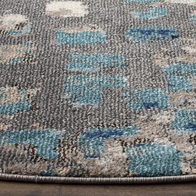 Boho-Chic Grey and Light Blue Round Synthetic Area Rug, 3' x 3'