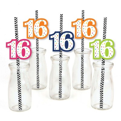 Big Dot of Happiness 16th Birthday - Cheerful Happy Birthday - Paper Straw Decor - Colorful Sweet Sixteen Striped Decorative Straws - Set of 24