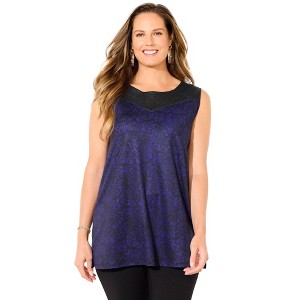 Catherines Women's Plus Size Black Label Faux Leather Trim Tank - 1 of 4
