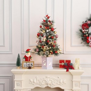 3ft Pre-Lit  Artificial Christmas Tree with 78 Warm White Lights,Red Berries & White Elk Base-8 Mode Tabletop Xmas Tree for Home(1 Pack) - 1 of 4
