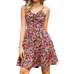INSPIRE CHIC Women's Sleeveless Tie V Neck Floral Spaghetti Straps Smocked Back A-Line Mini Dresses - 1 of 4