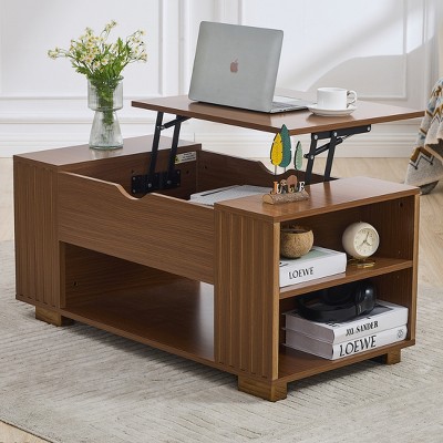 Skyzoo Lift Top Coffee Table with storage for Living Room - Hidden Compartment & 5 Open Spaces, Walnut
