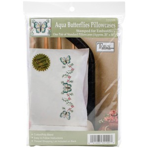 Tobin Stamped For Embroidery Pillowcase Pair 20"X30"-Aqua Butterfly - 1 of 3