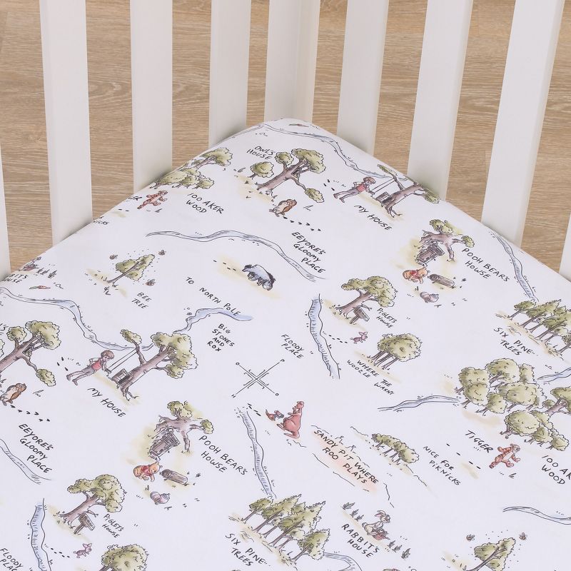 Disney Classic Winnie the Pooh Sage, Tan, and White, Map of 100 Acre Woods Super Soft Nursery Fitted Mini Crib Sheet, 3 of 5