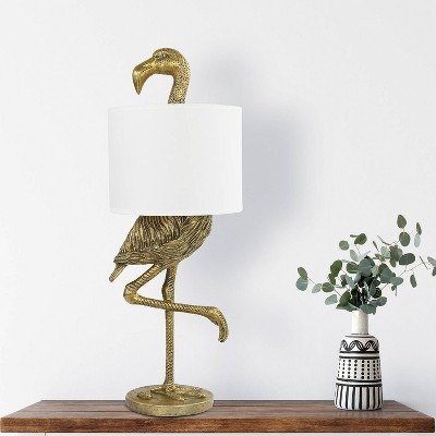 Gold Resin Flamingo Table Lamp with White Linen Shade, 32"