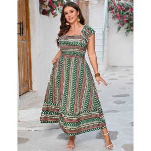 YESFASHION Women Plus Size Casual Maxi Dress Short Sleeves Smocked High Waist Boho Floral Style for Summer - 1 of 4