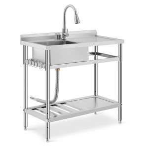 39" Stainless Steel Utility Sink with Workbench-Adjustable Legs & Storage Shelf (20"W x 39"H)for Kitchen/Garage (Silver, Hot/Cold Faucet Included) - 1 of 4