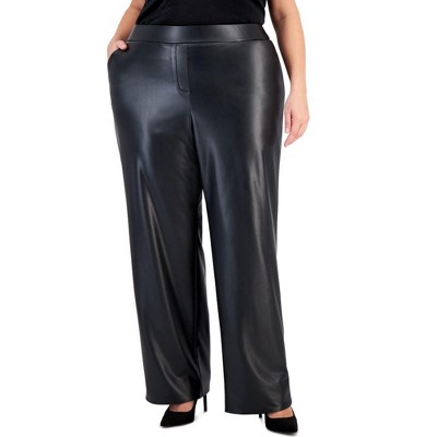 Anne Klein Womens Vegan Leather Casual Wide Leg Pants