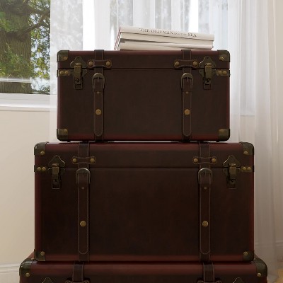 Set Of 3 Traditional Faux Leather And Wood Storage Case Trunks