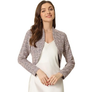 Allegra K Women's Elegant Cardigan Plaid Open Front Office Shrug Long Sleeve Cropped Bolero Top - 1 of 4
