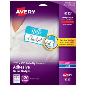 Avery Flexible Hello My Name Is Name Tags, 2-1/3" x 3-3/8", White with Assorted Colored Border, 120 Removable Name Badges (08722) - 1 of 4