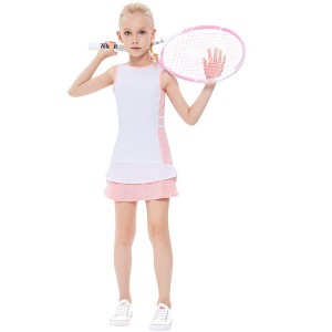 Girls Tennis Dress Golf Outfit Sets Sleeveless Tank Top Skirt with Shorts Pockets - 1 of 4