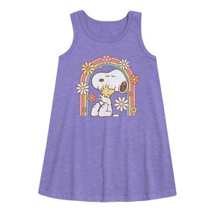 - Peanuts - Retro Flower Rainbow Graphic Sleeveless Aline Dress - 1 of 4