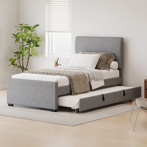 Twin Size Platform Bed with Trundle Bed Headboard and Soft Padded Adjustable Button Tufted Headboard, Linen Upholstered-ModernLuxe - image 1 of 4