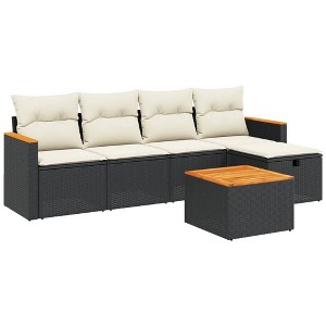 vidaXL 6 Piece Patio Sofa Set with Cushions Black Poly Rattan - Black and Cream without storage 6 Piece - 1 of 4