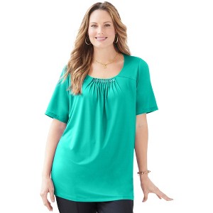 Catherines Women's Plus Size Jeweled Neck Pintuck Top - 1 of 4