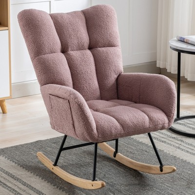 Aukfa Soft Teddy Fabric Rocking Chair w/Pocket - Ergonomic Nursery Glider, Solid Wood Base, 254LB Capacity for Living Room & Bedroom