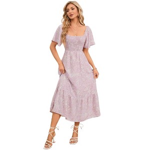 Coolmee Women's Summer Maxi Dress Boho Flowy Flutter Sleeve Square Neck Floral Smocked Wedding Guest Long Dresses - 1 of 4