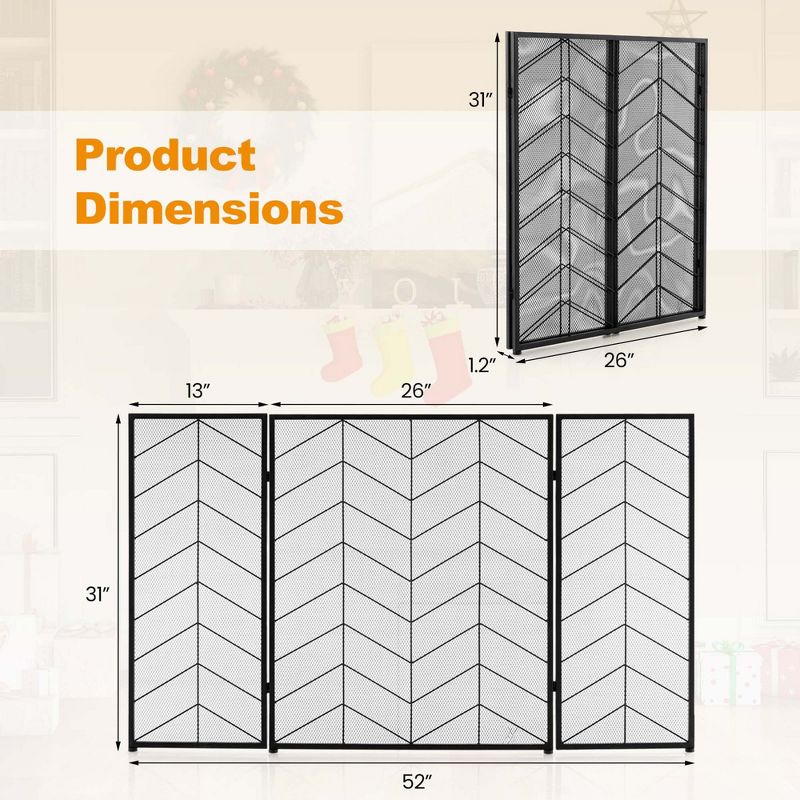 Costway 52 x 31 Inch Fireplace Screen 3-Panel Spark Guard with Chevron Herringbone Pattern, 3 of 10