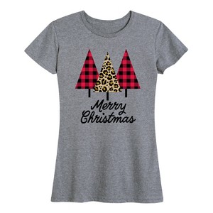 Women's Instant Message Leopard And Plaid Christmas Trees Short Sleeve Graphic T-Shirt - Heather Grey - 1X - 1 of 4