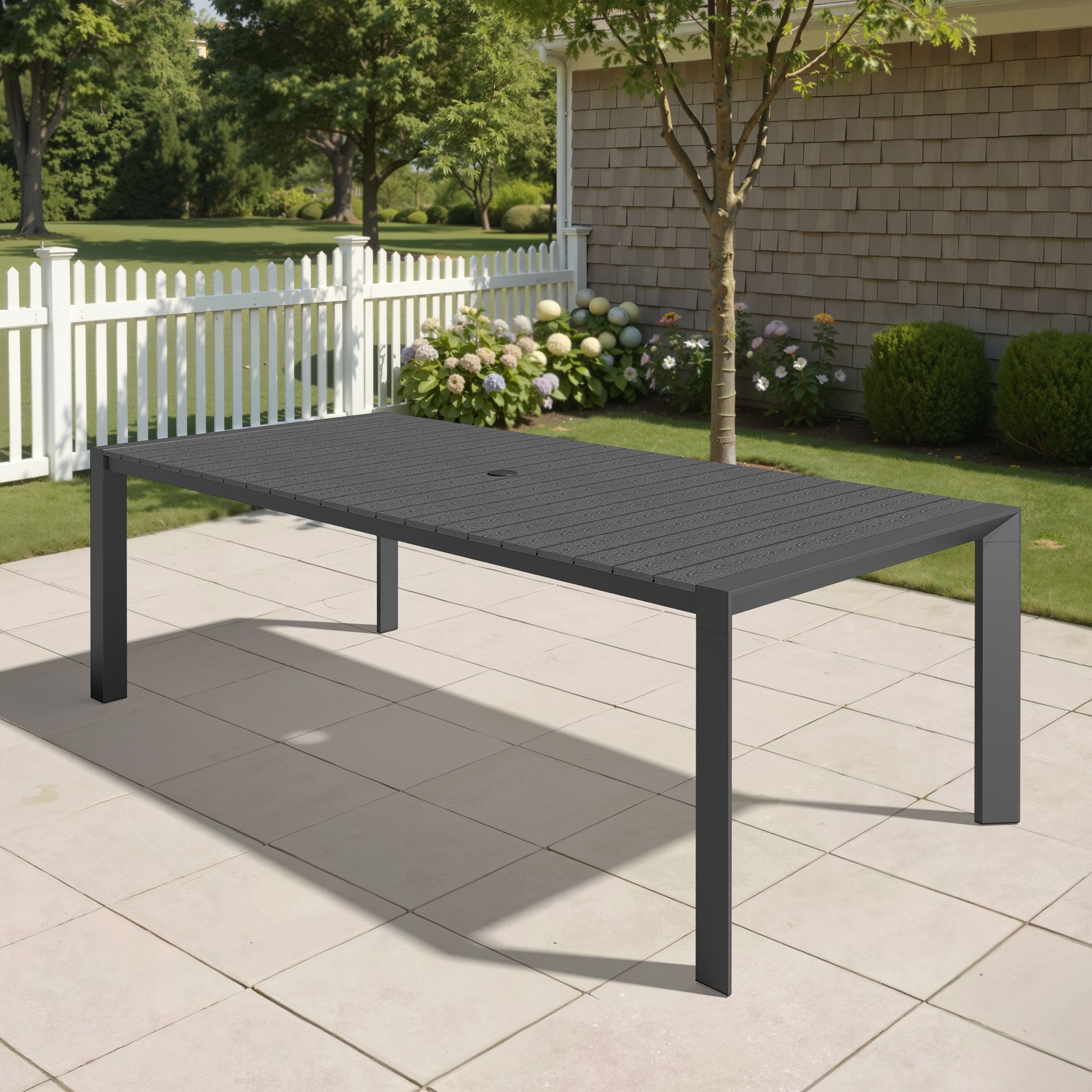 Pellebant 83.9in Outdoor Dining Table Rectangular Patio Table Wood-Look Top Aluminum Frame Umbrella Hole Black