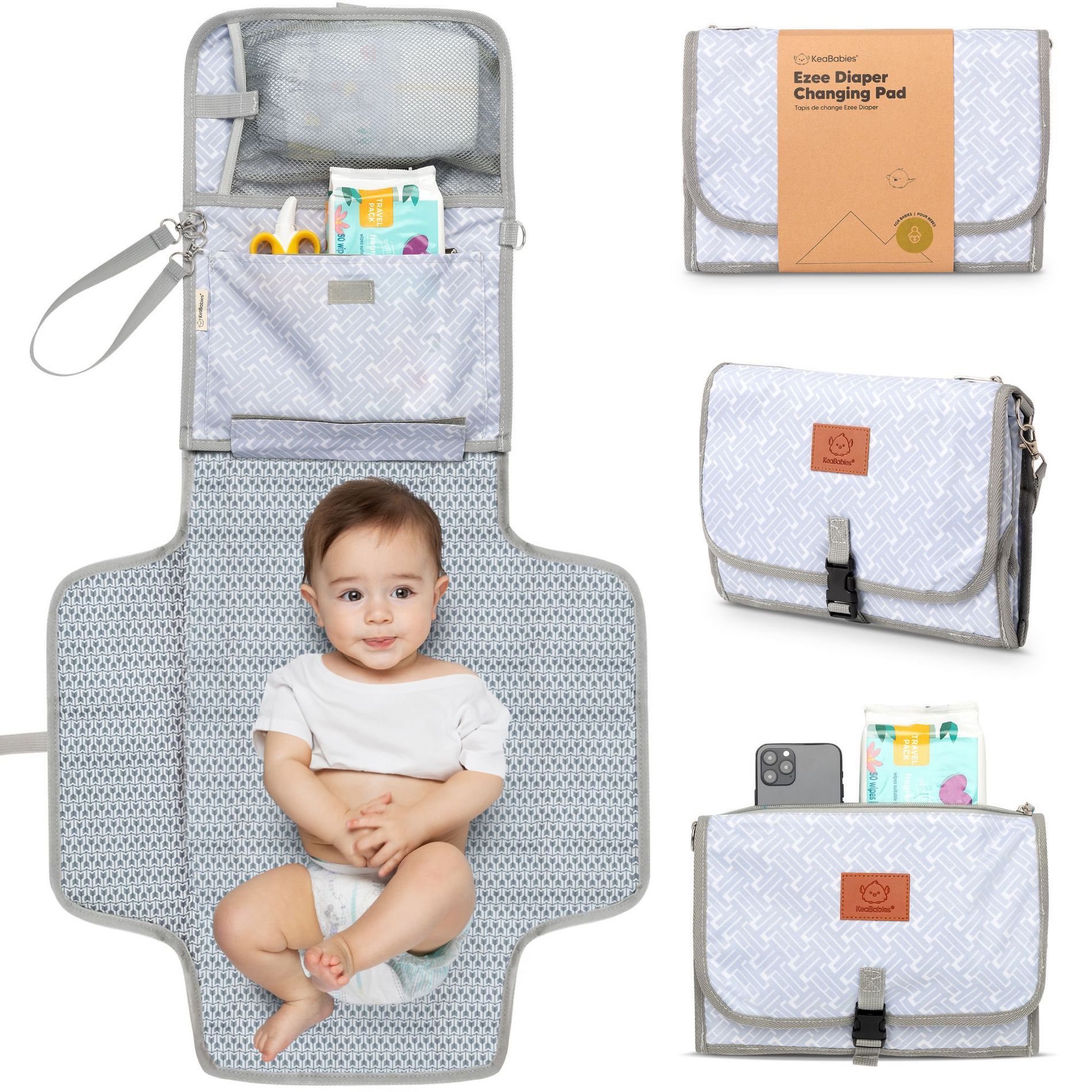 KeaBabies Ezee Portable Diaper Changing Pad, Portable Diaper Changing Mat, Waterproof Foldable Diaper Changing Pad (Gray Mod)