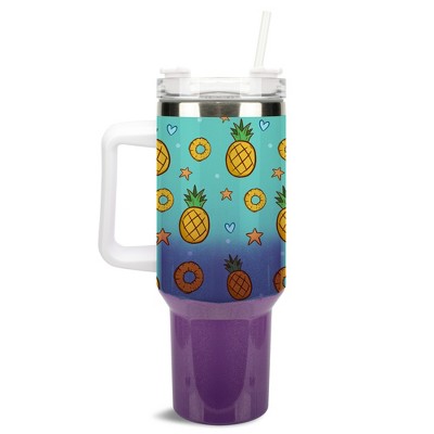 100 North Pineapple Rings Stars Hearts 40 oz. Stainless Steel, Large Water Bottle Coffee Mug, Spill & Leak Resistant, Thermal Travel Tumbler with