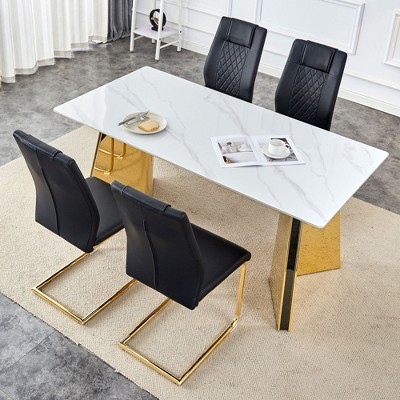 NicBex Dining Table Set for 4 Kitchen Table Modern Sintered Stone Table with Stainless Steel Butterfly Legs 4 PU Chairs, White