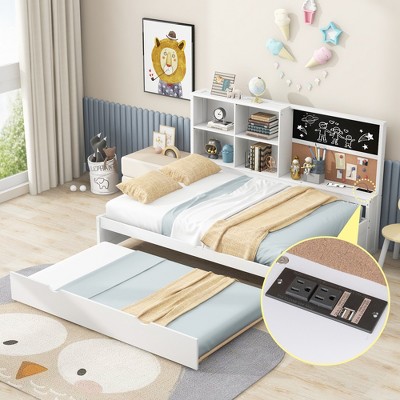 Whisen Daybed with Storage Shelves, Blackboard, Cork board, USB Ports and Twin Size Trundle