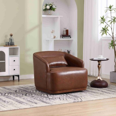 CAVINAS PU Leather Swivel Barrel Accent Chair with Mid-Height Backrest,Upholstered Swivel Living Room Chair,Reading Chairs for Living Room