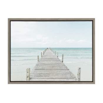 Kate and Laurel Sylvie Wooden Pier on Beach Framed Canvas by Amy Peterson Art Studio, 18x24, Gray
